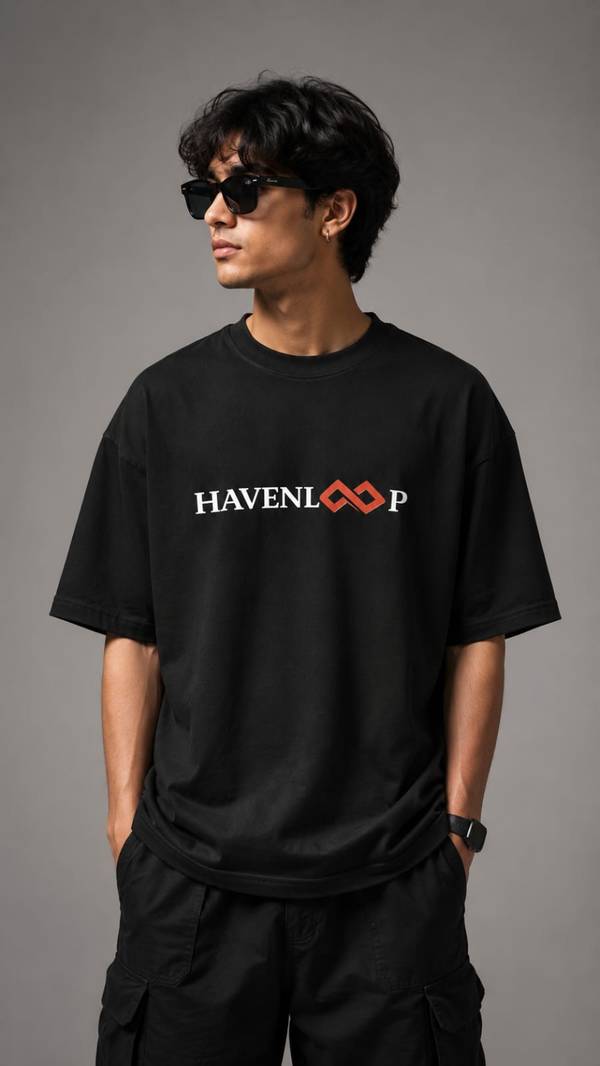 HAVENLOOP Men's Oversized Black 250 GSM French Terry Cotton Graphic Printed T-Shirt