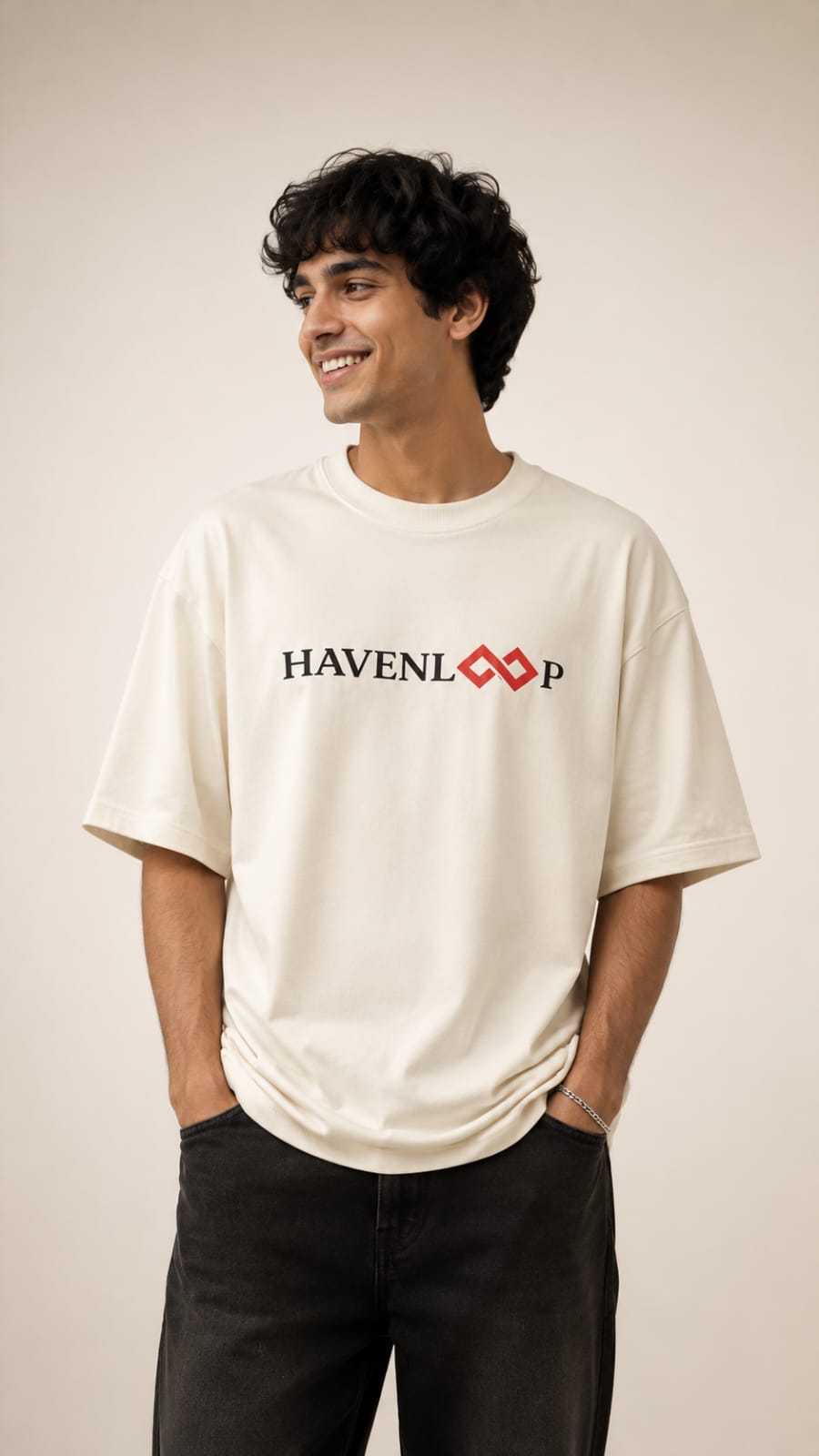 HAVENLOOP Men's Oversized Half White 250 GSM French Terry Cotton Graphic Printed T-Shirt